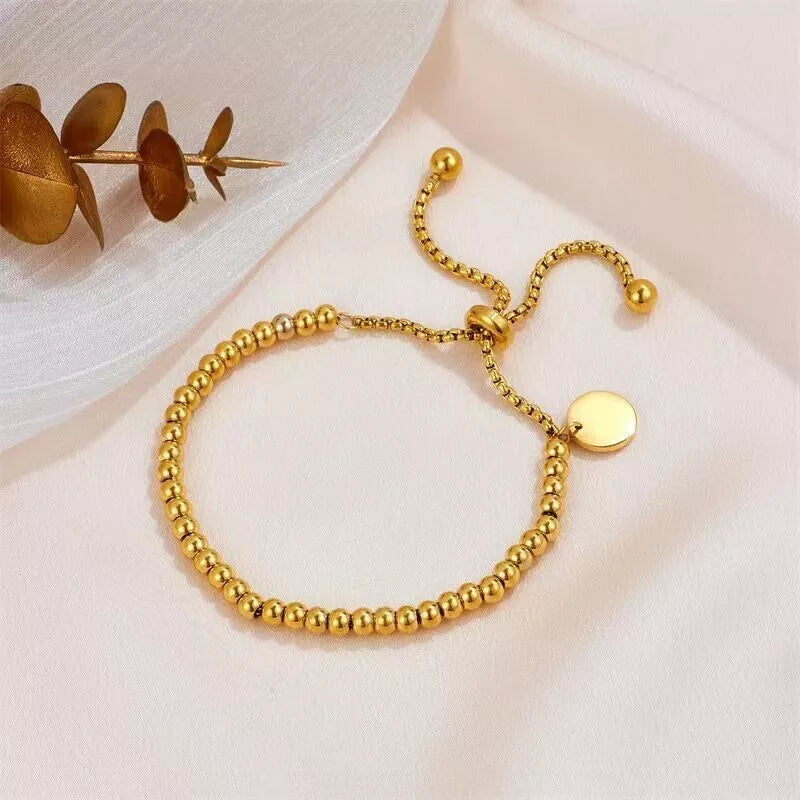 Gold Beaded Bracelet – Disc Charm, Stainless Steel