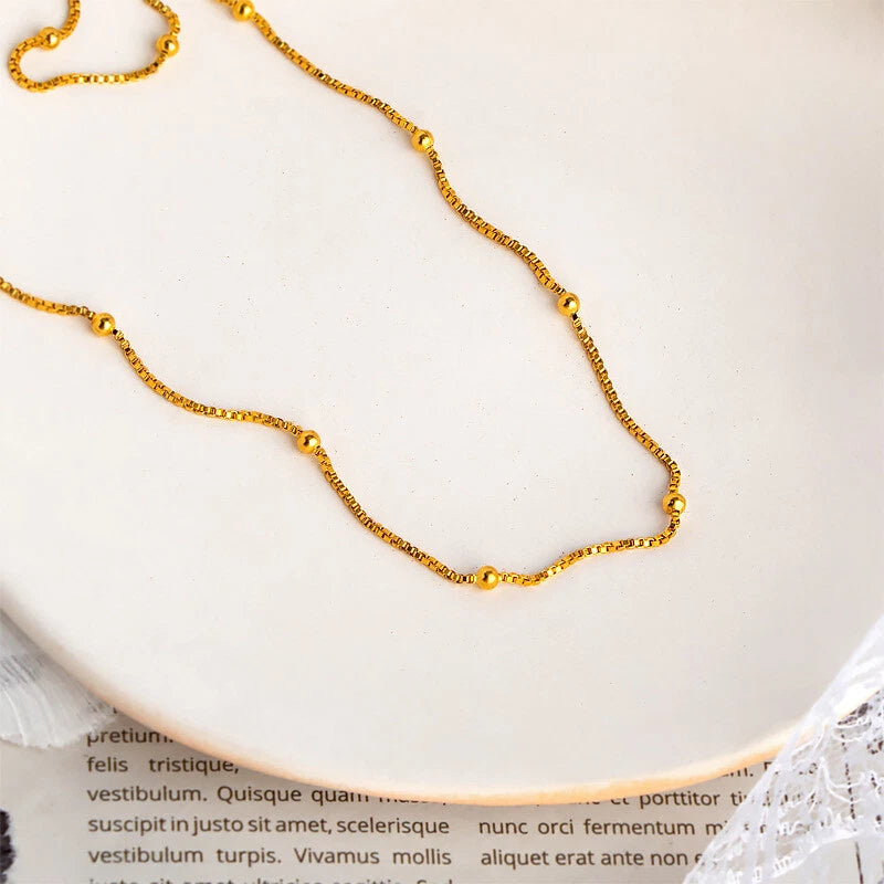 18K Gold Beaded Box Chain Necklace – Stainless Steel