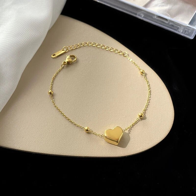 Women's Stainless Steel 18K Gold Plated Heart Beaded Bracelet