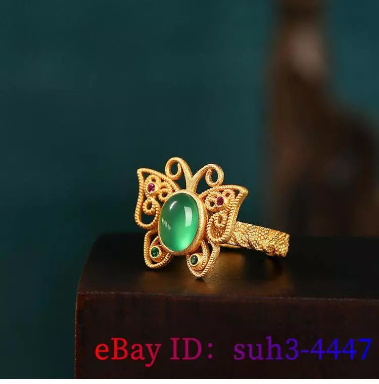 Green Jade Butterfly Ring, 18K Gold Plated