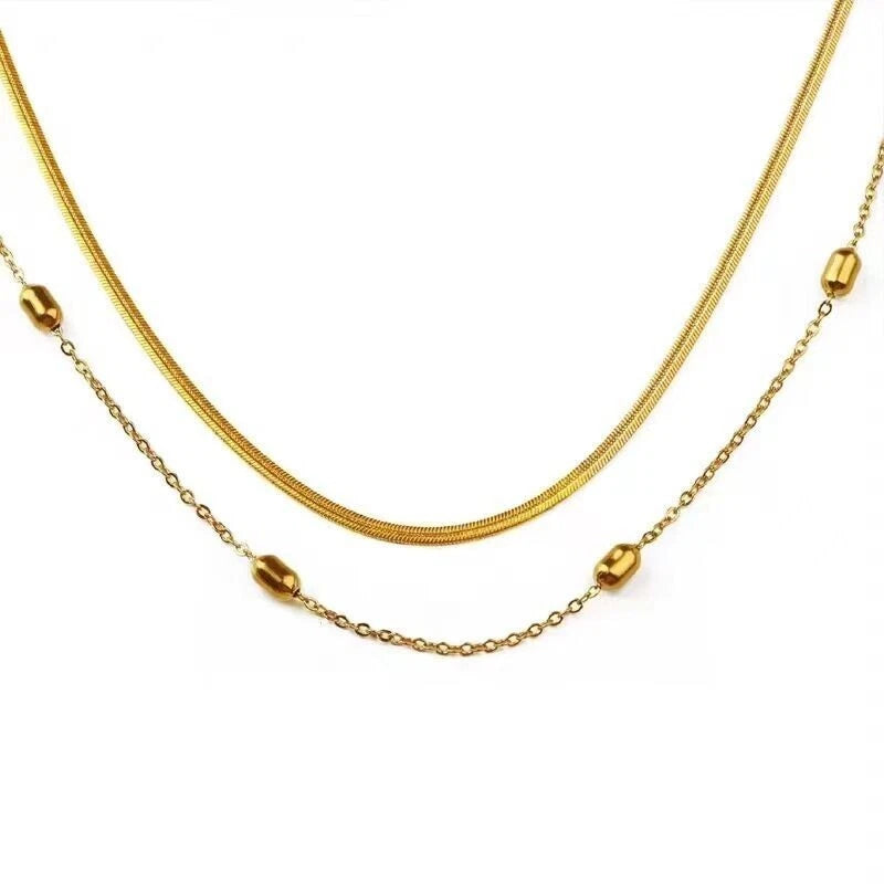 "2-Layer Beaded Snake Chain Gold Necklace – 18K Gold Plated"