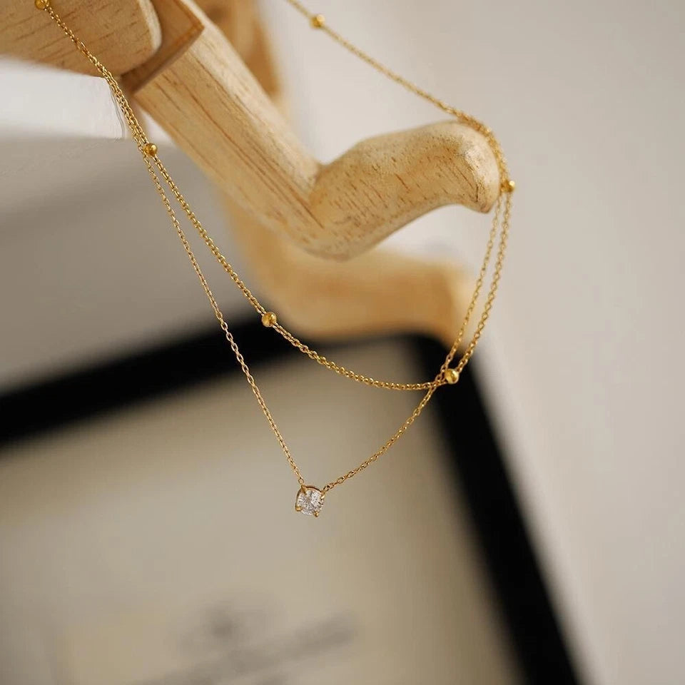 Dainty 2-Layer CZ Layered Necklace – 18K Gold Plated