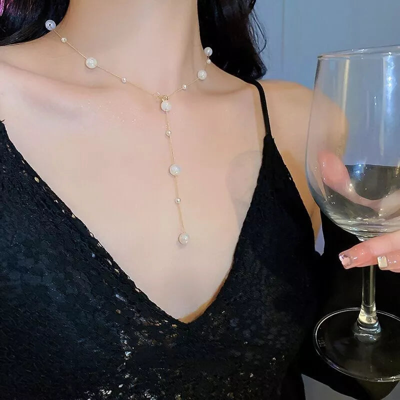 Gold Pearl Tassel Gold Necklace – 18K Stainless Steel