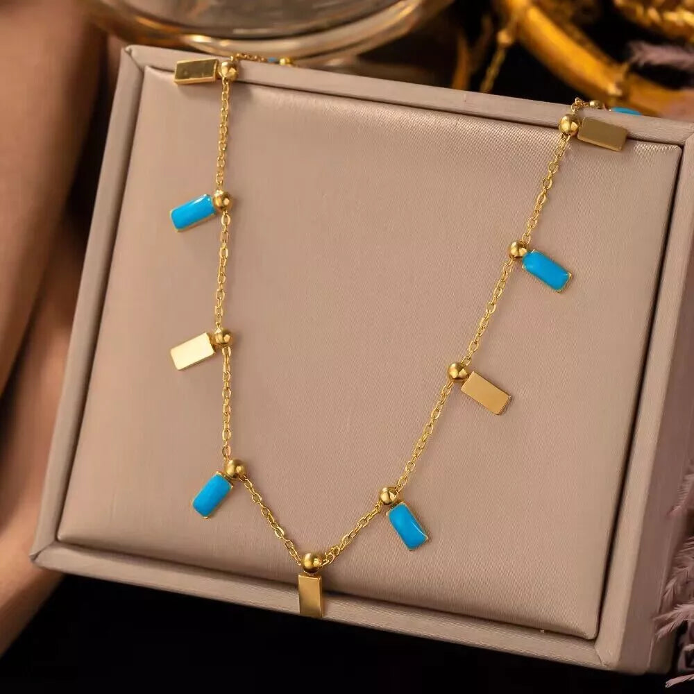 18K Gold Blue Enamel Pendant Necklace – Stainless Steel