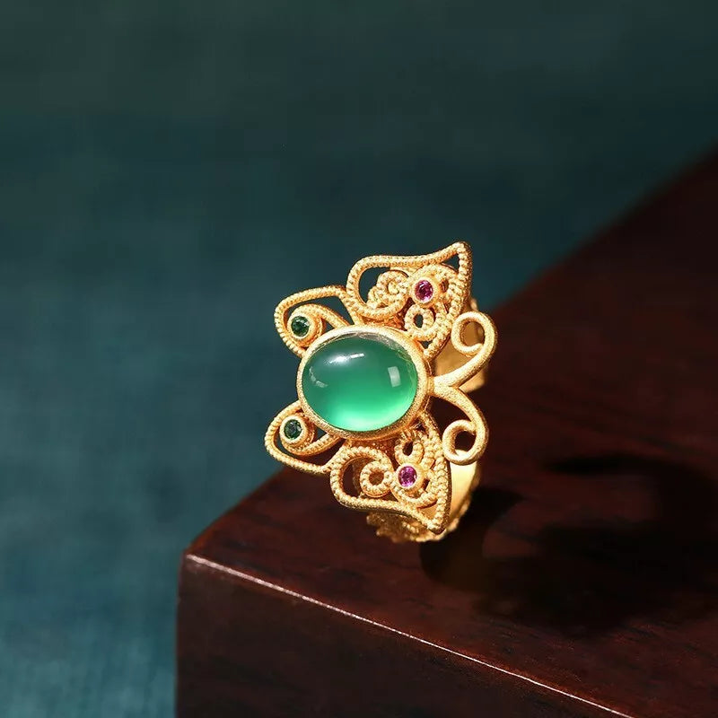 Green Jade Butterfly Ring, 18K Gold Plated