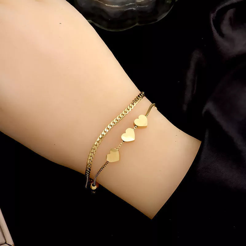 Double-Layer Gold Heart Charm Bracelet