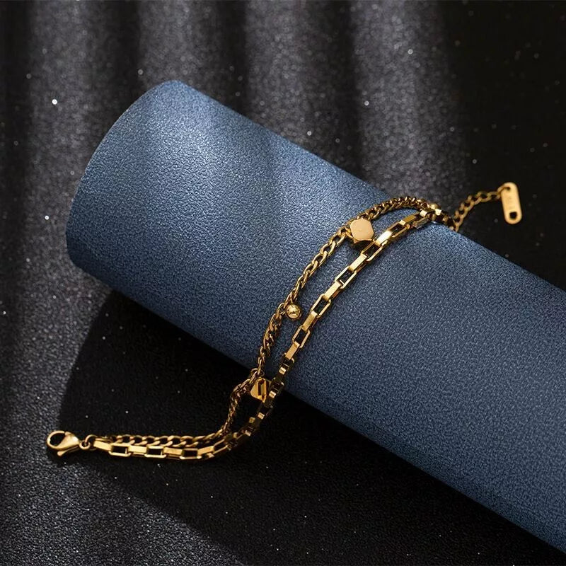 18K Gold Box Chain Bracelet – Stainless Steel, 7.9''