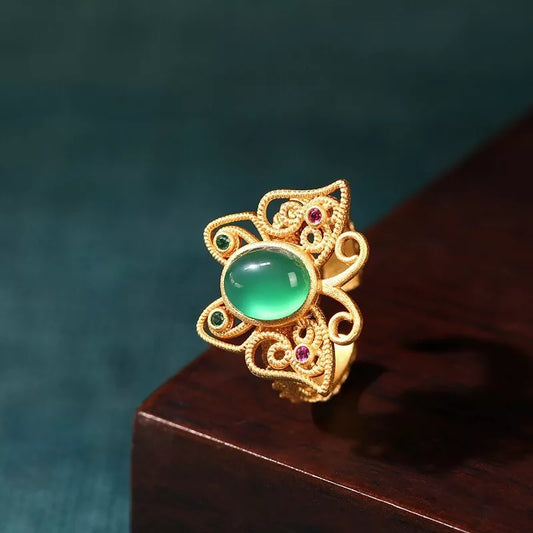 Green Jade Butterfly Ring, 18K Gold Plated