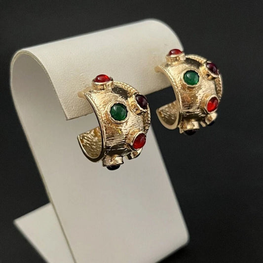 Half Hoop Earrings Gold Multicolor Pierced Chunky