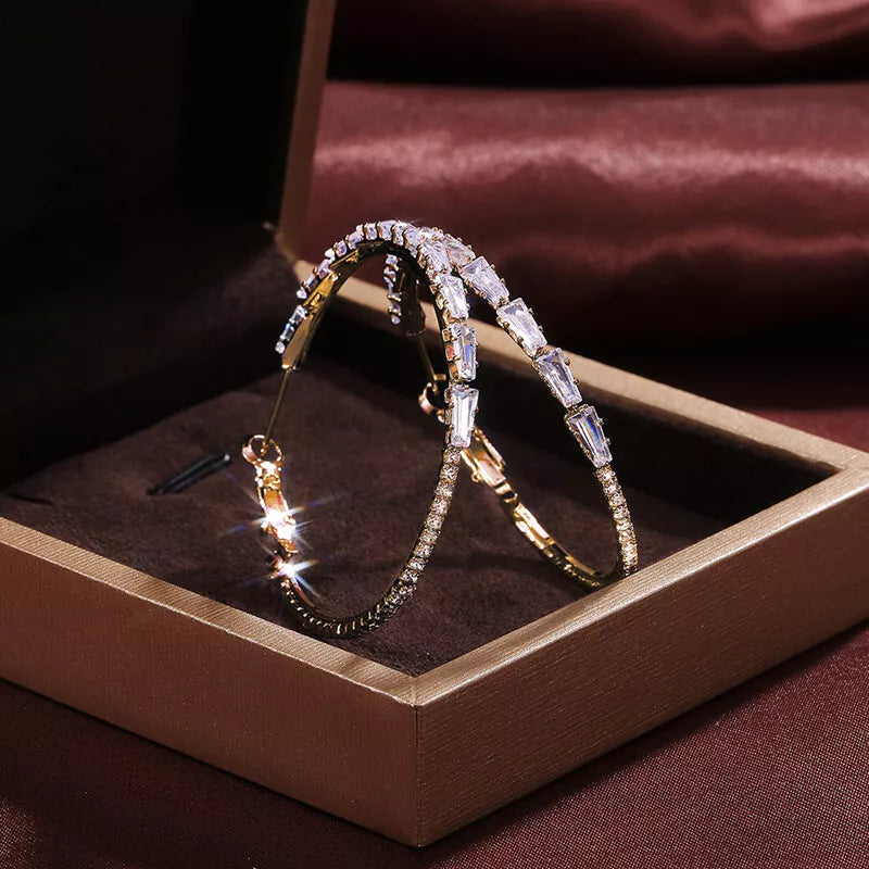 Silvery Hoop Earrings, Cubic Zirconia, Wedding Jewelry