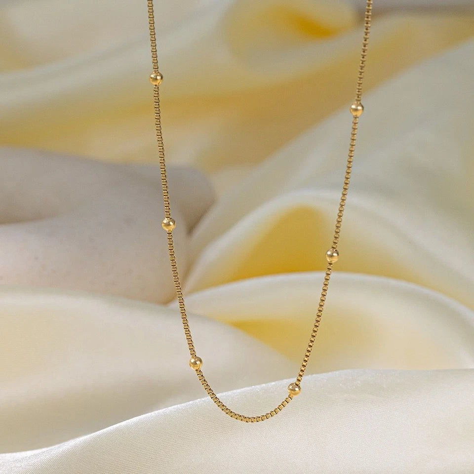 "Gold Beaded Box Chain Necklace – 18K Plated, 18''"