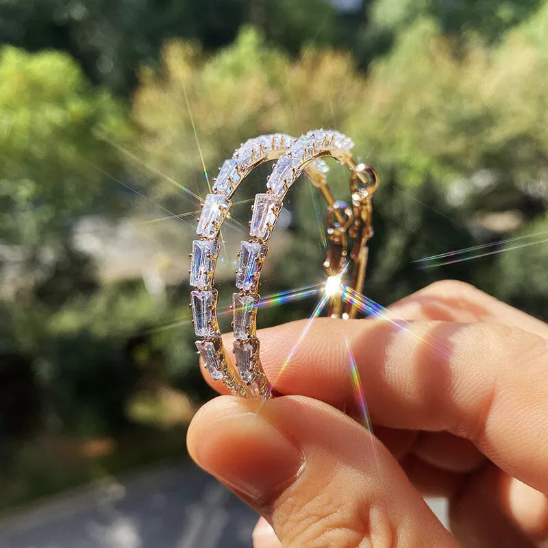 Silvery Hoop Earrings, Cubic Zirconia, Wedding Jewelry