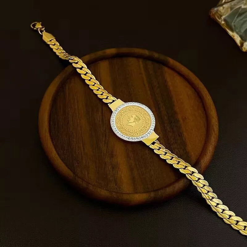 Gold CZ Portrait Chain Bracelet