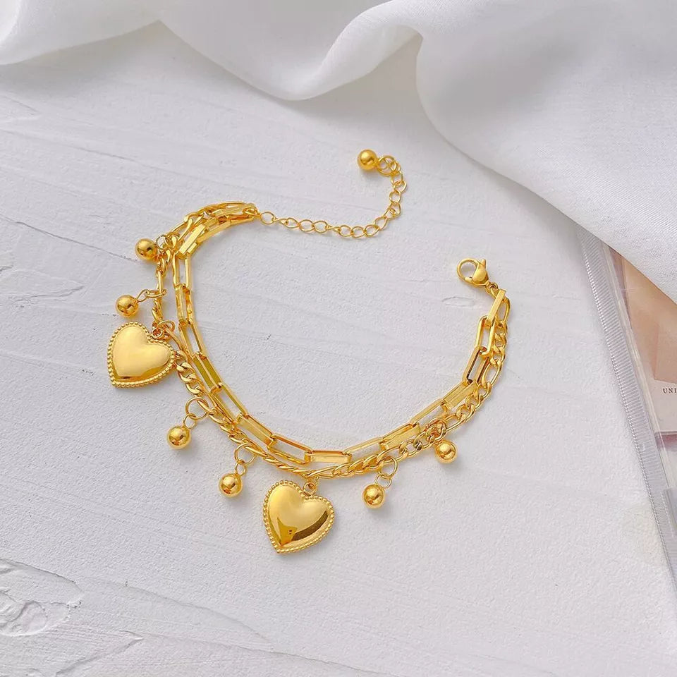 Dainty Heart Charm Beaded Chain Bracelet – 2 Layers, 18K Gold Plated