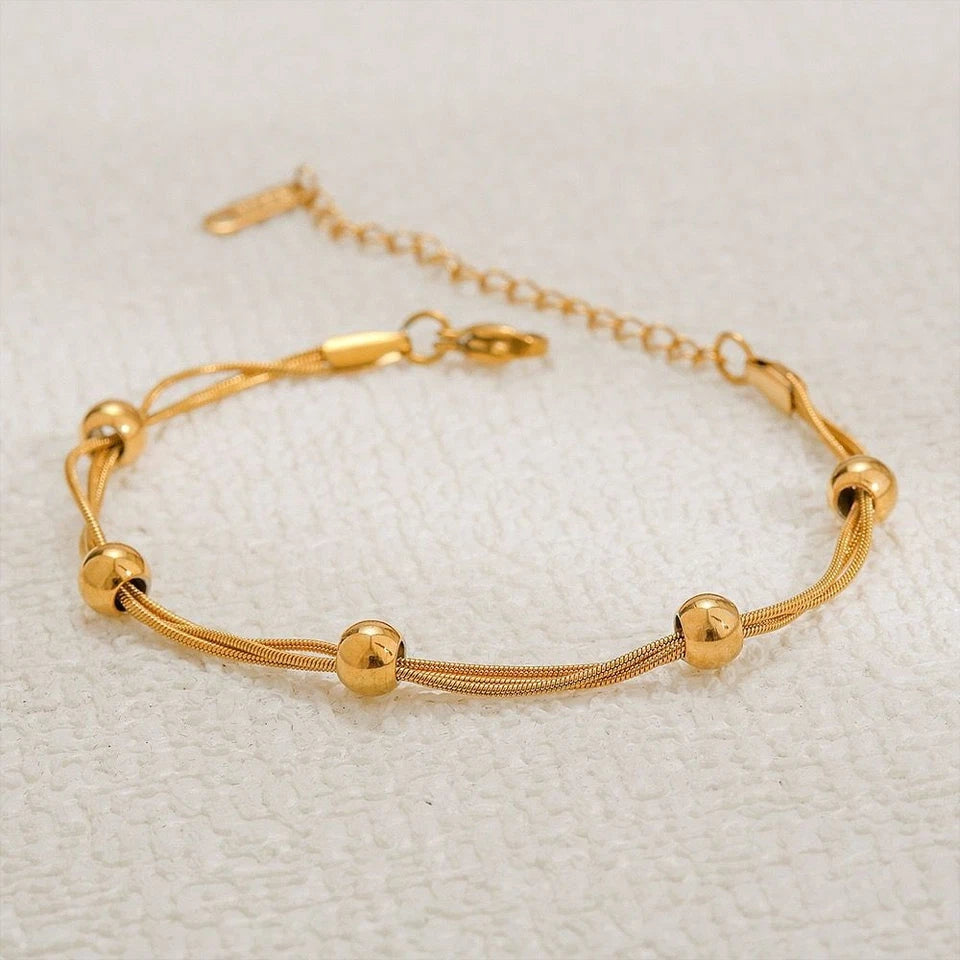 3-Layer Gold Beaded Snake Chain Bracelet – Anti-Tarnish