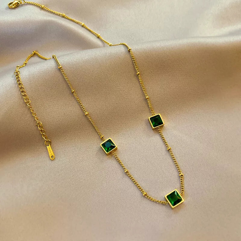 Dainty Gold Chain with Green CZ – 17.7 Pendant Necklace''
