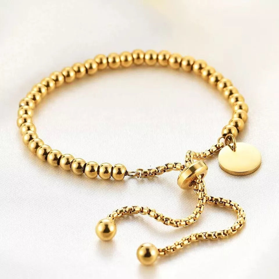 Gold Beaded Bracelet – Disc Charm, Stainless Steel
