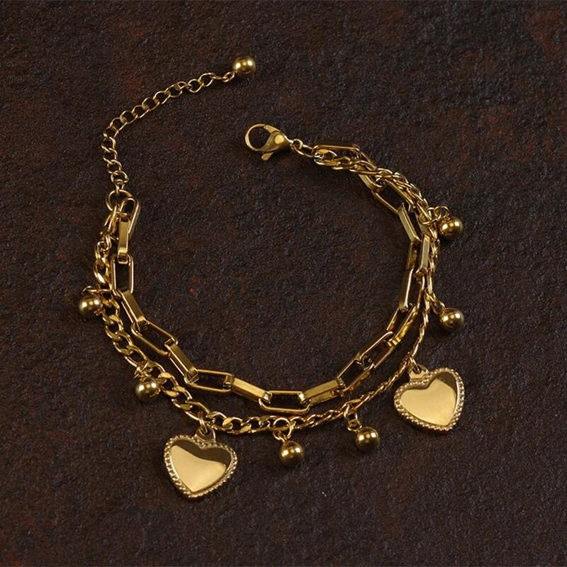 Dainty Heart Charm Beaded Chain Bracelet – 2 Layers, 18K Gold Plated