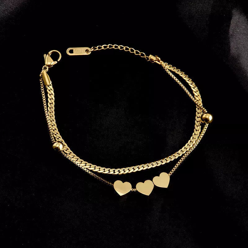 "Double-Layer Gold Heart Charm Gold Bracelet – 18K Plated"