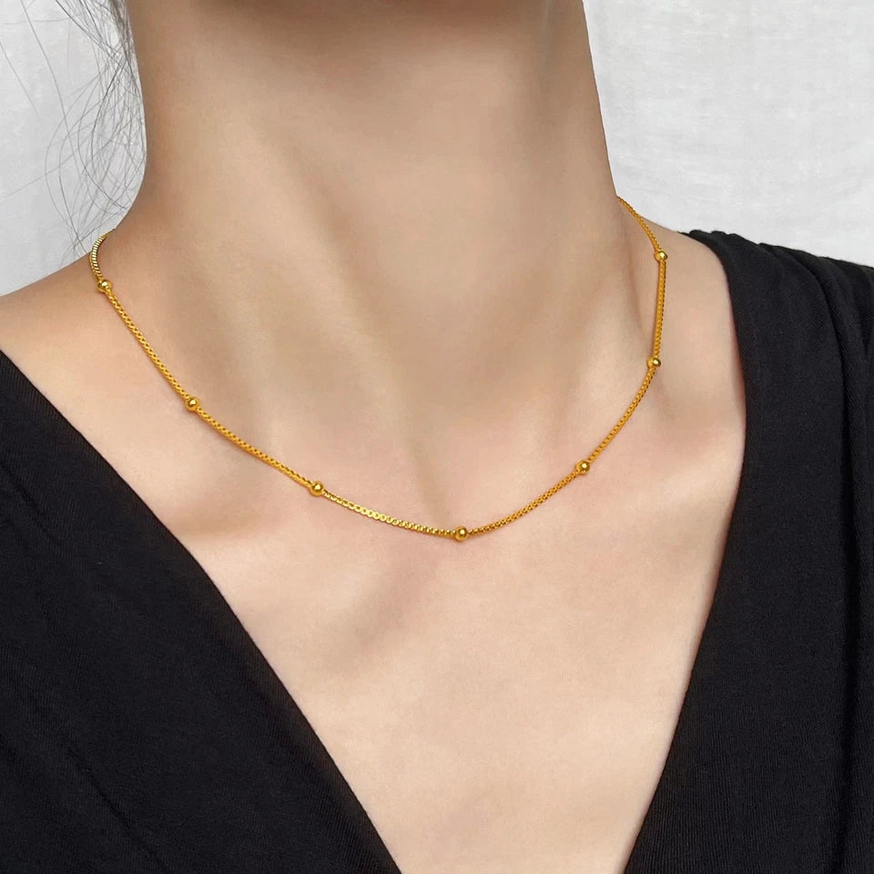 "Gold Beaded Box Chain Necklace – 18K Plated, 18''"