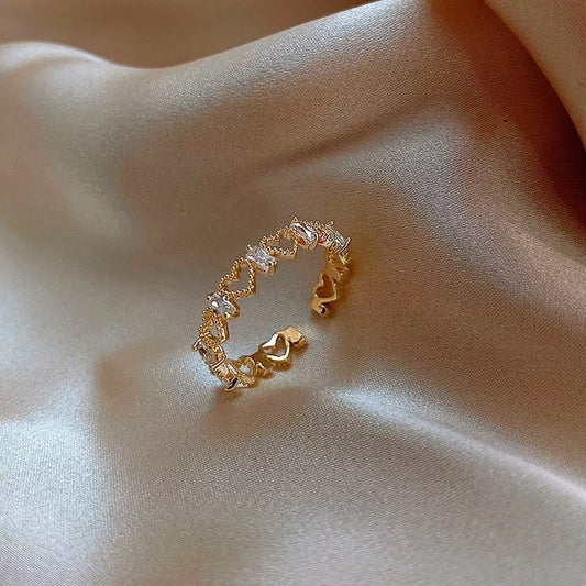 Gold Plated Zircon Heart Adjustable Ring for Women