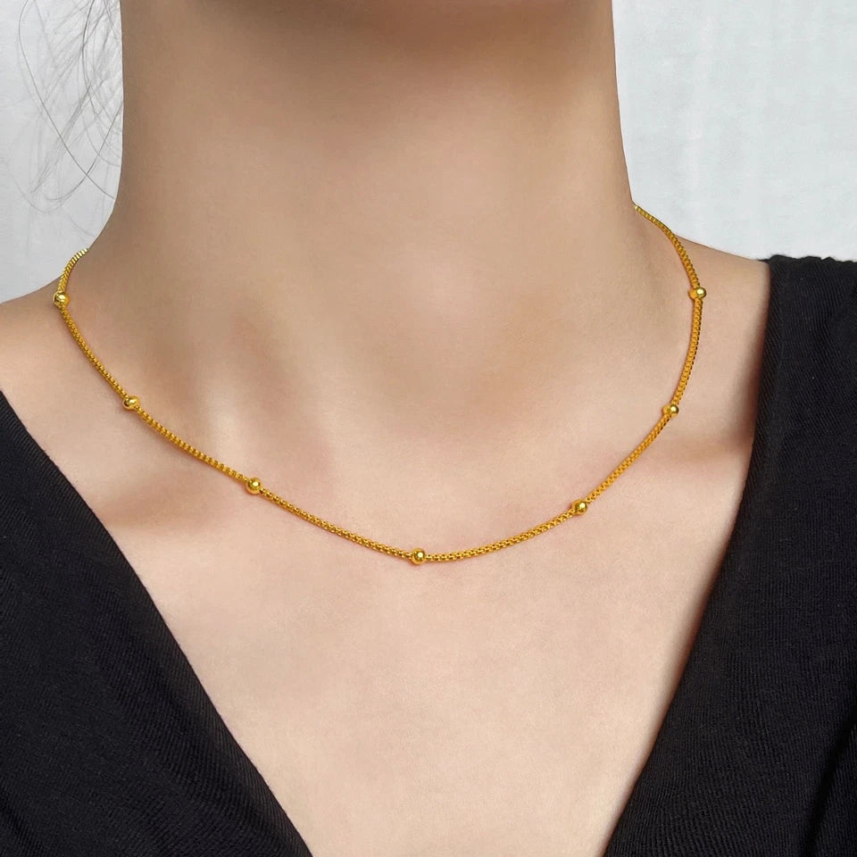 "Gold Beaded Box Chain Necklace – 18K Plated, 18''"