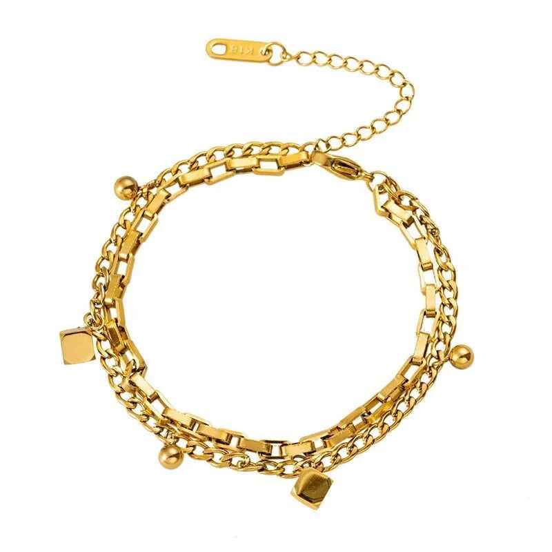 18K Gold Box Chain Bracelet – Stainless Steel, 7.9''