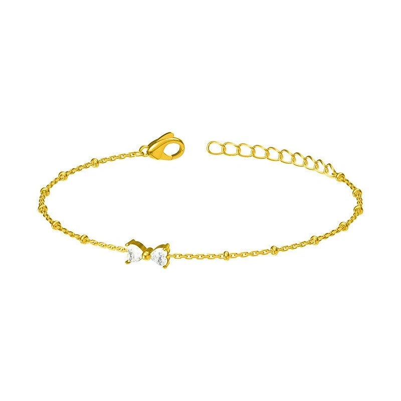 Woman 18K Gold Station Bead CZ Bow Chain Bracelet
