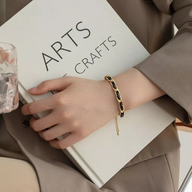 18K Gold Braided Leather Bracelet – 7mm