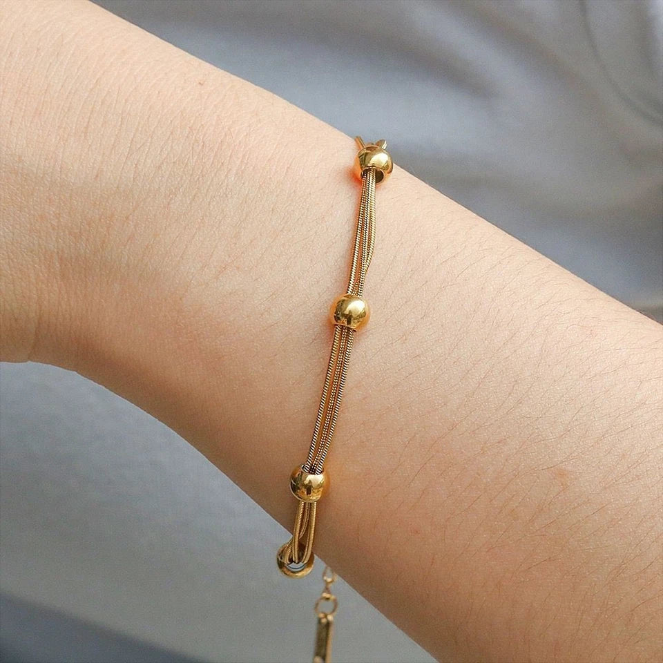3-Layer Gold Beaded Snake Chain Bracelet – Anti-Tarnish