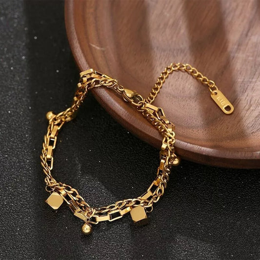 18K Gold Box Chain Bracelet – Stainless Steel, 7.9''