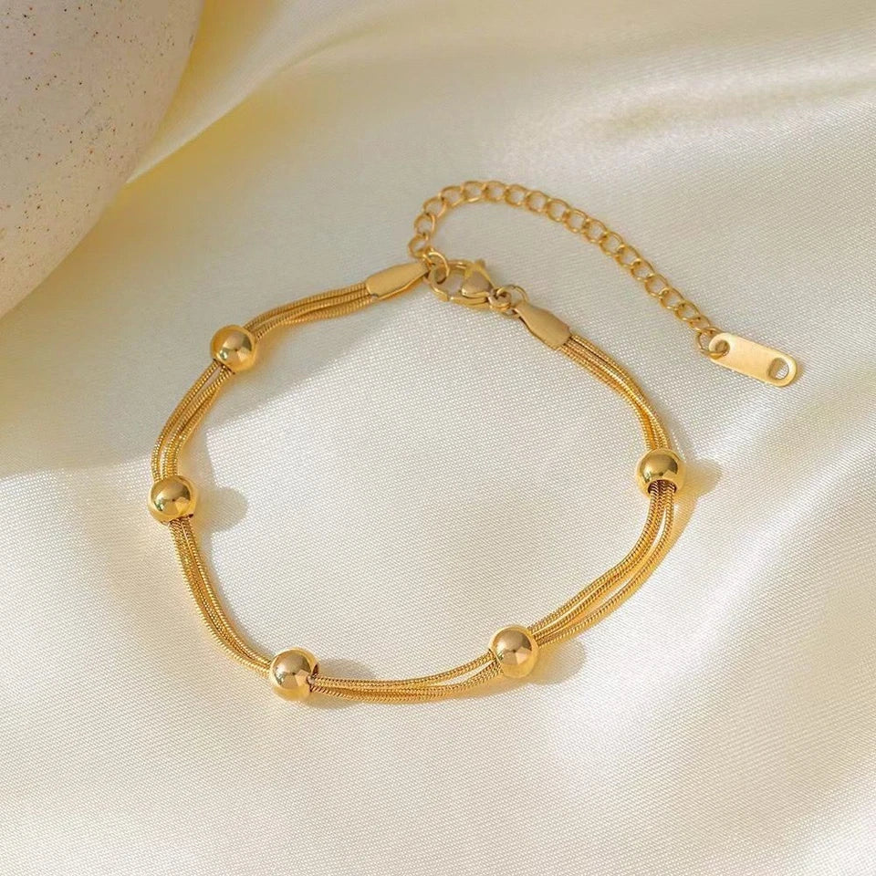 3-Layer Gold Beaded Snake Chain Bracelet – Anti-Tarnish